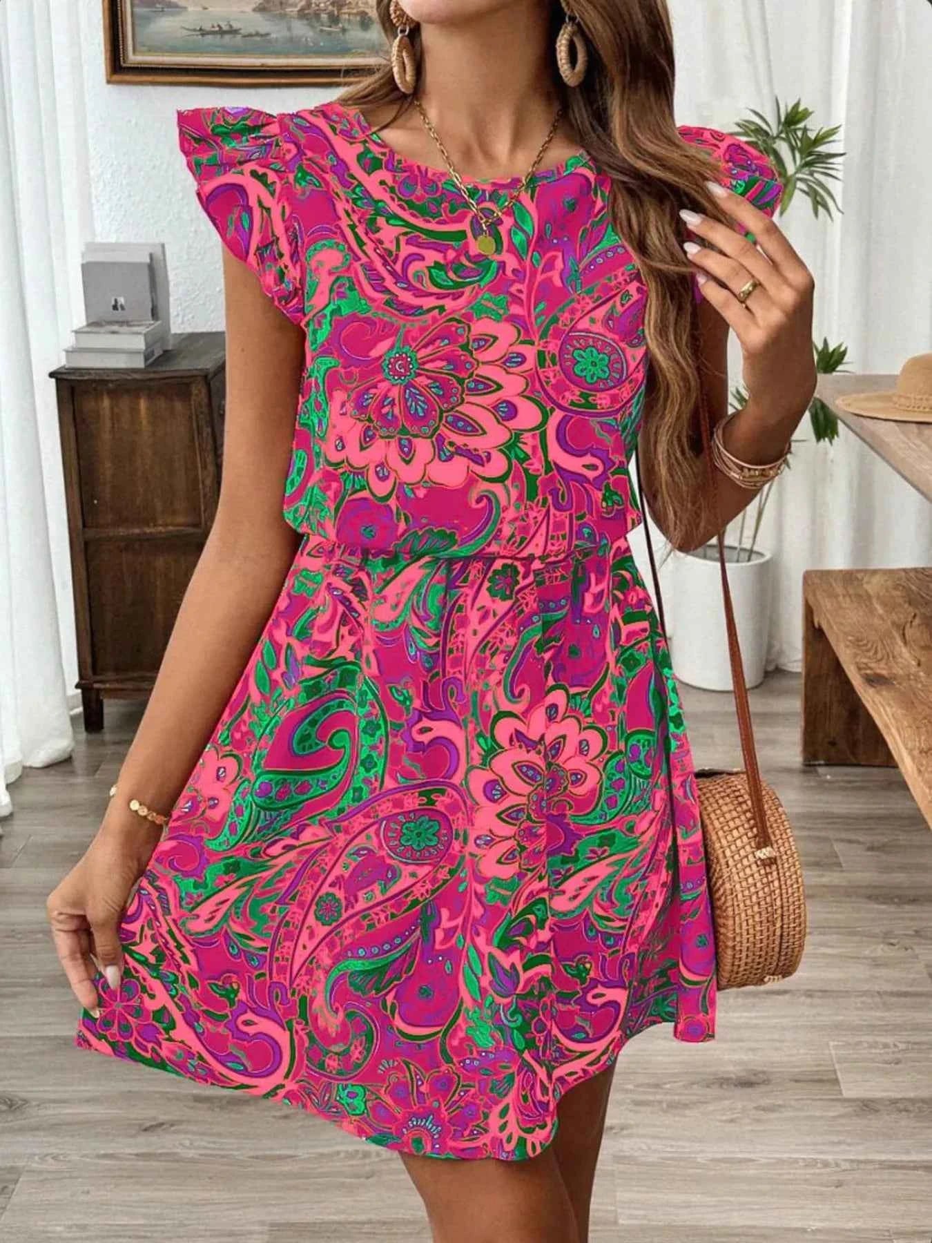 Paisley Print Ruffle Sleeve Mini Dress