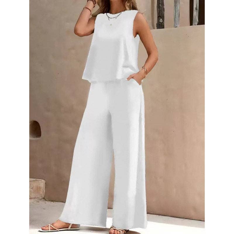 Solid Color Sleeveless Tank Top & Wide-Leg Pants Set