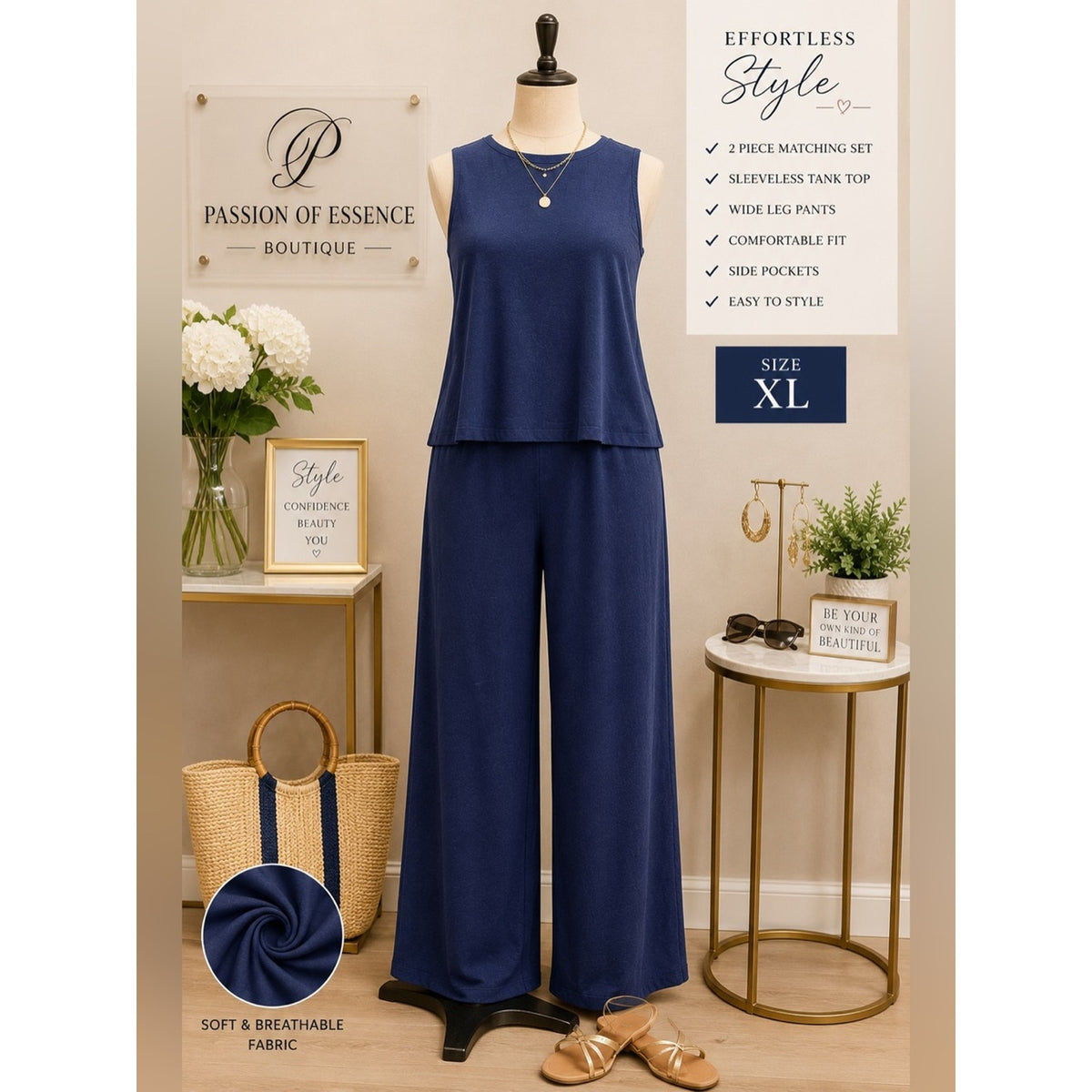 Navy Blue Sleeveless Wide Leg Pants 2 Piece Matching Set XL