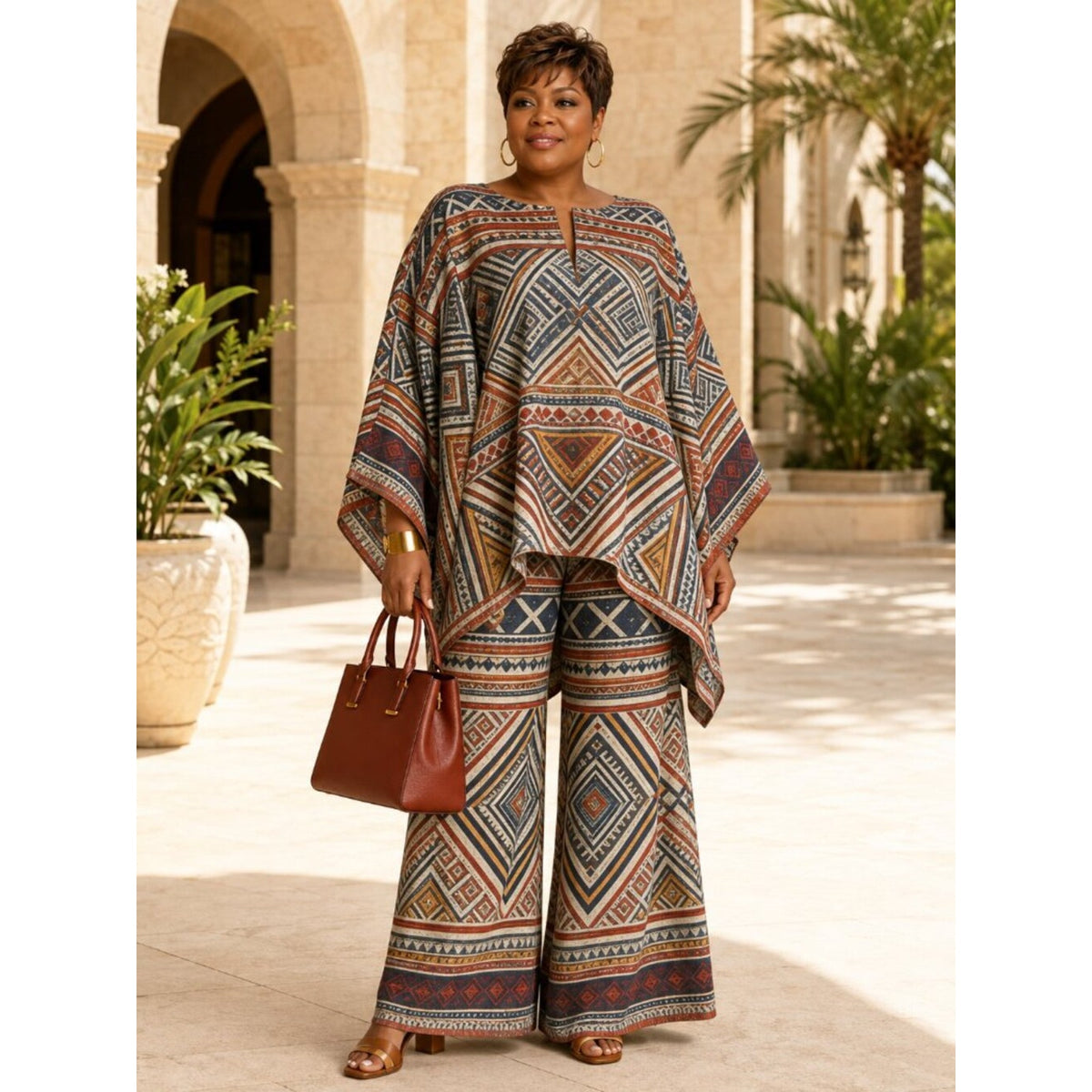 Boho Geometric Poncho Top Wide-Leg Pants 2-Piece Set XXL