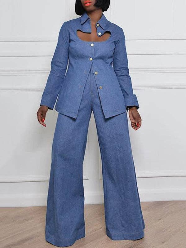 High-Waisted Jeans with Pockets and Lapel Blouse Sets