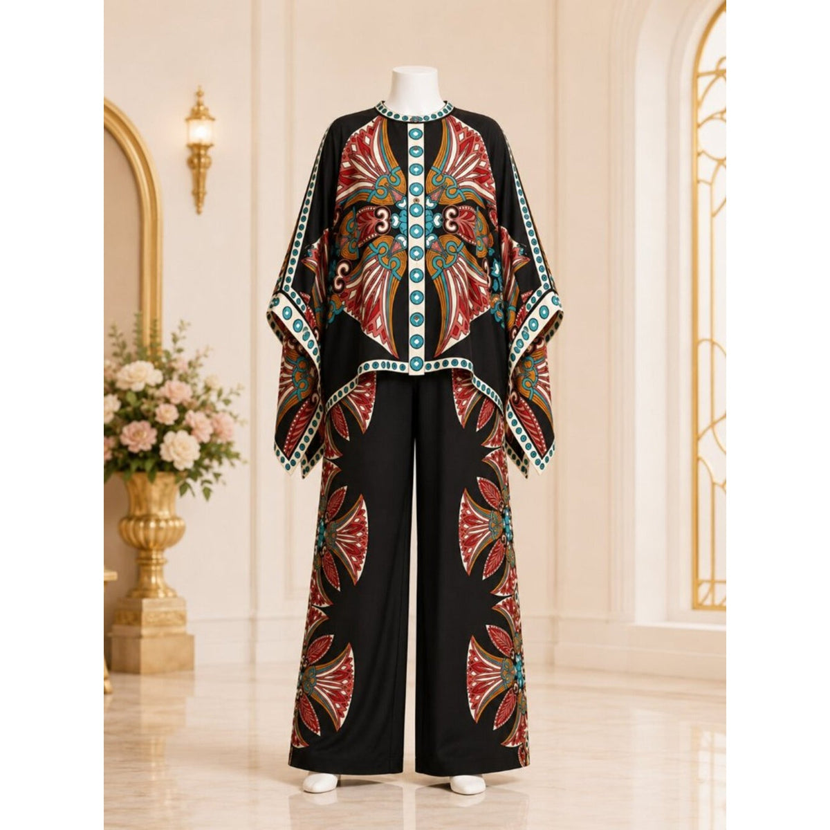 Plus Size Midnight Mosaic Ornamental Cape Pants Set 0XL–3XL