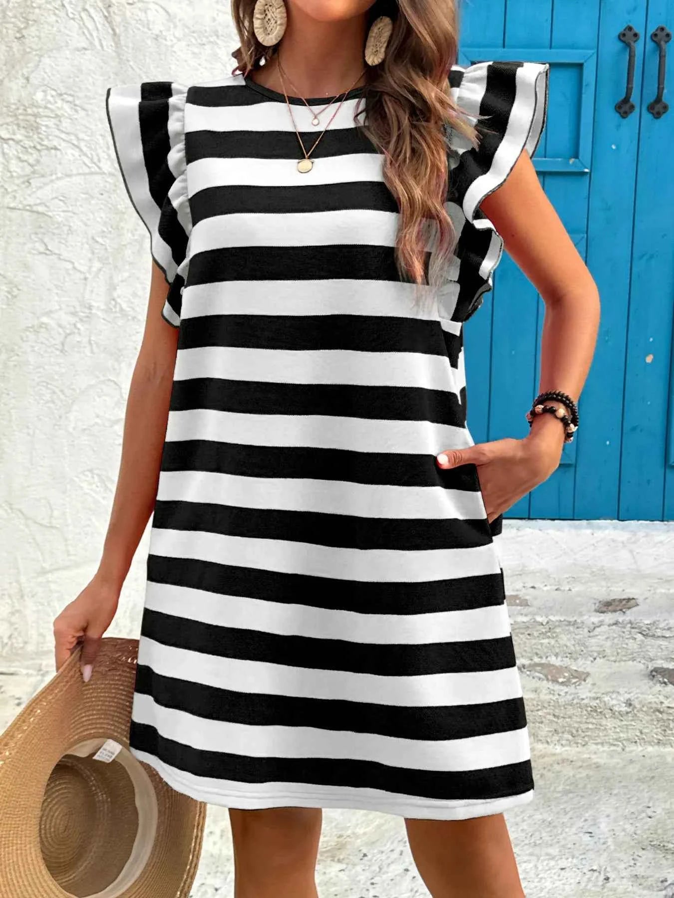 Striped Ruffle Sleeve Casual Summer Dress