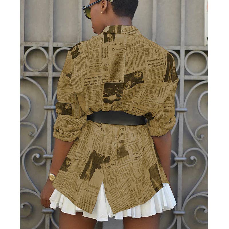 MB FASHION Newspaper Print Long-Sleeve Button-Up Blazer 3175