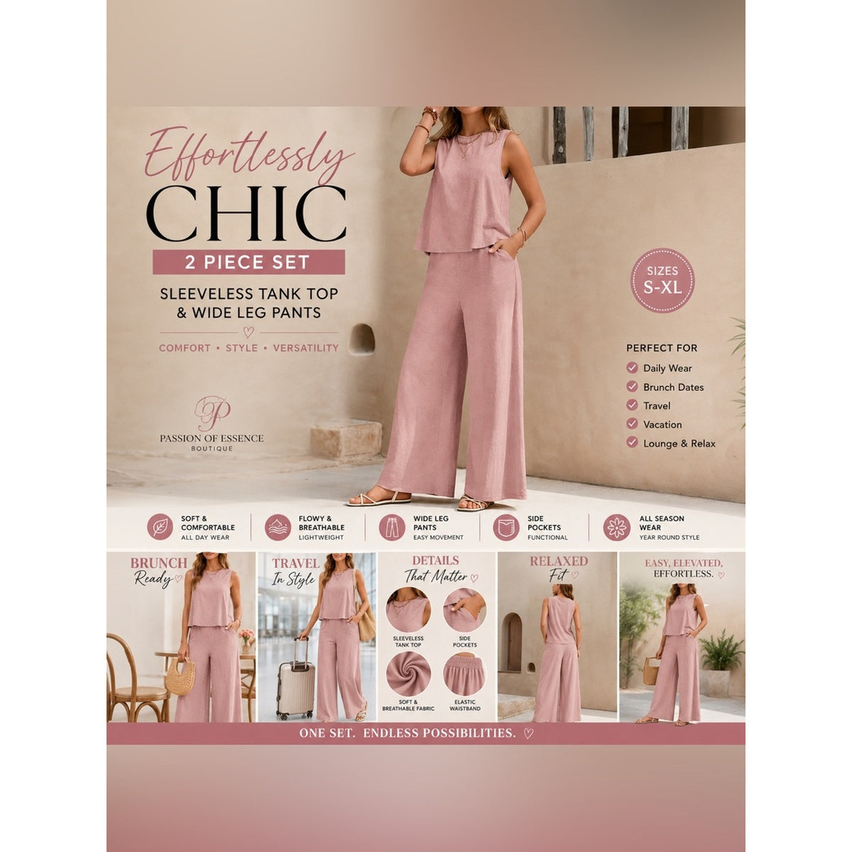 Dusty Rose Sleeveless Wide Leg Pants 2 Piece Matching Set XL