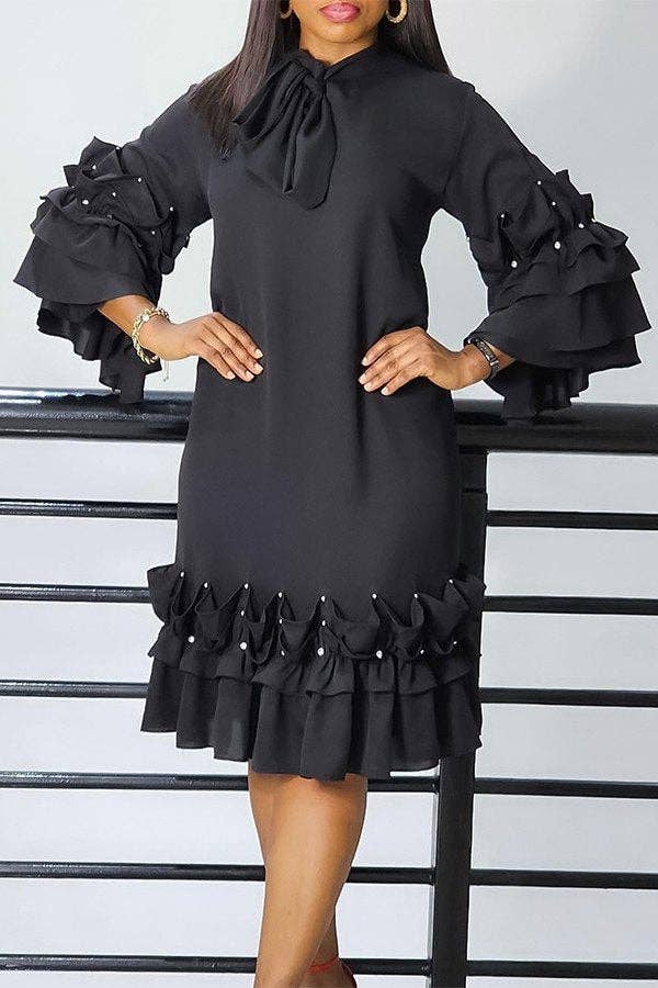 Ruffle Sleeve Solid Color Shift Dress