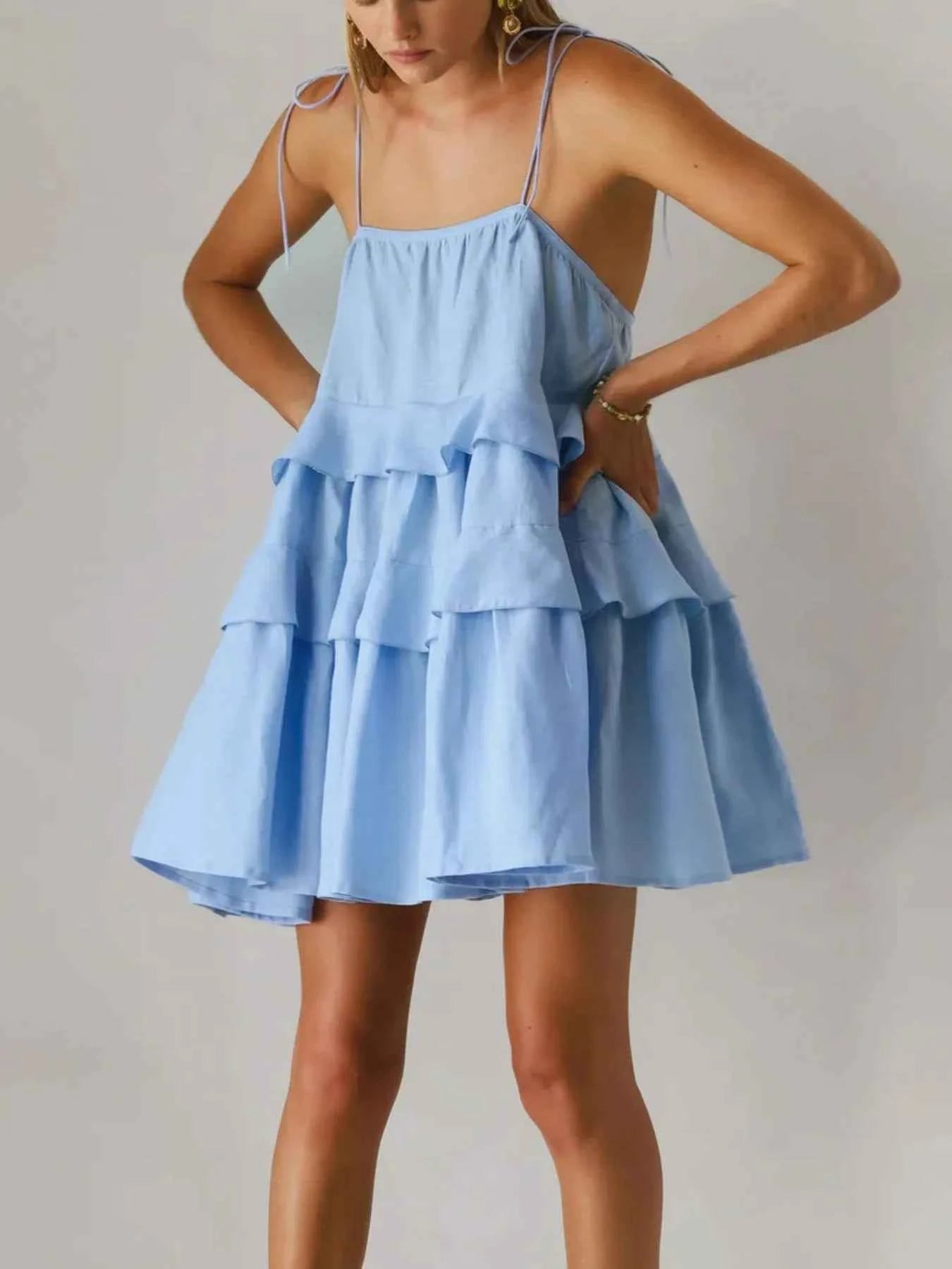 Ruffle Layered Tie Shoulder Cami Dress