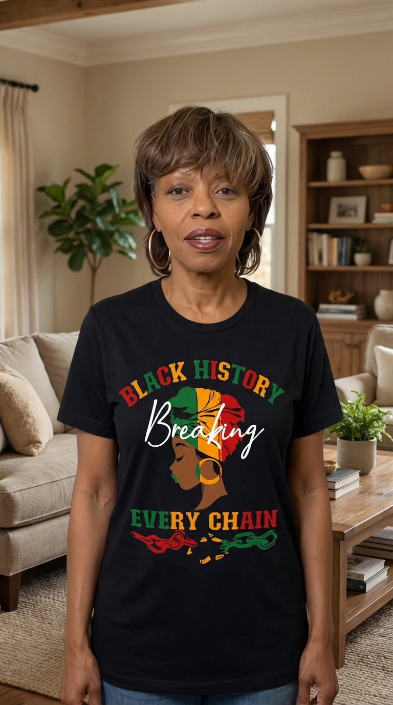 Woman wearing a black t-shirt with 'Black History Breaking Every Chain' design in a living room.