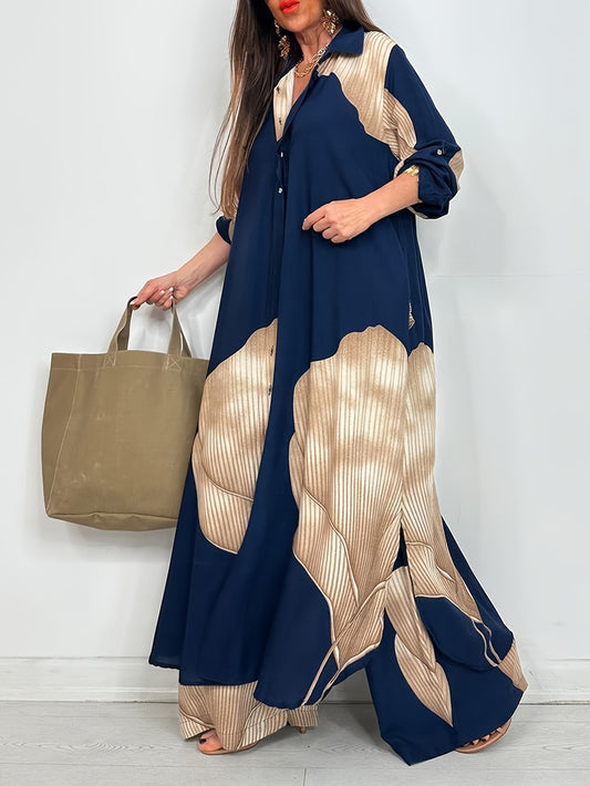 Luxury Blue Colorblock Satin Lounge Set – Oversized Button-Down Shirt & Wide-Leg Pants | Chic Neutral Statement Set