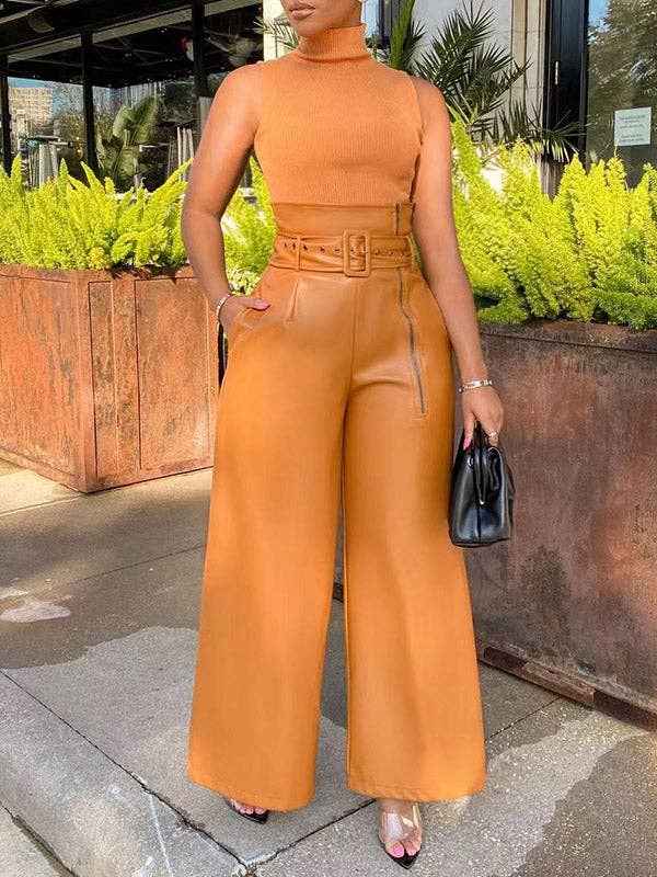 High Waisted Wide Leg Belted Solid Color Zipper Pants Trousers