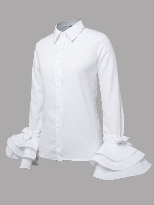 Cotton-Blend Flared Sleeve Bow Falbala Lapel Blouse