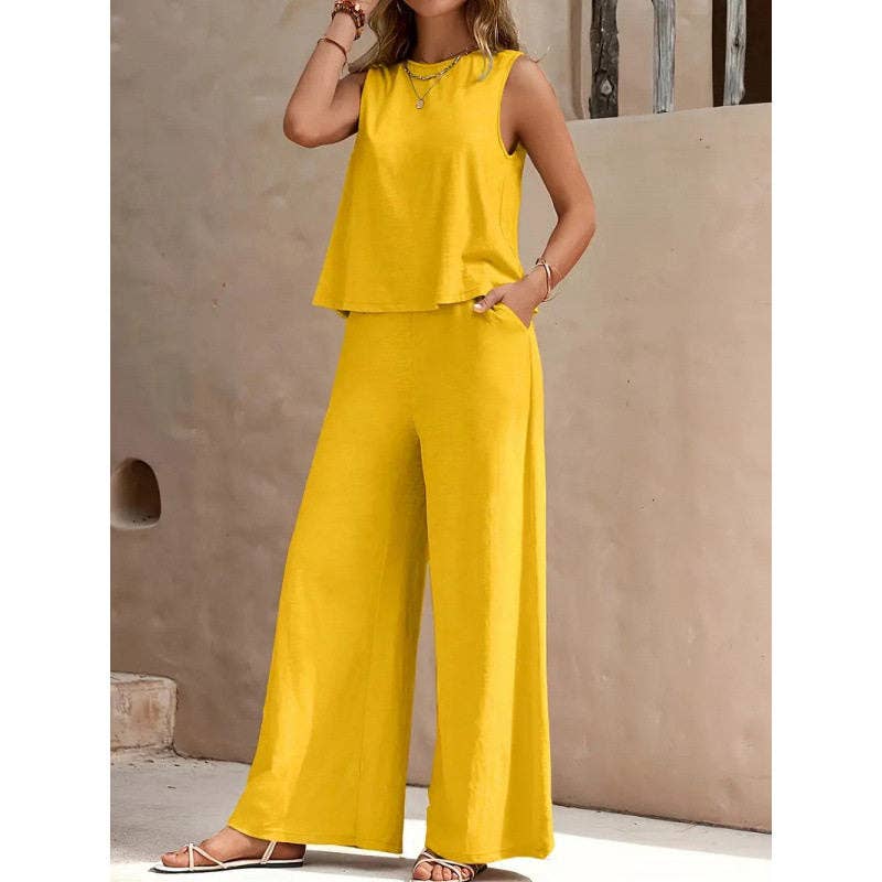 Solid Color Sleeveless Tank Top & Wide-Leg Pants Set