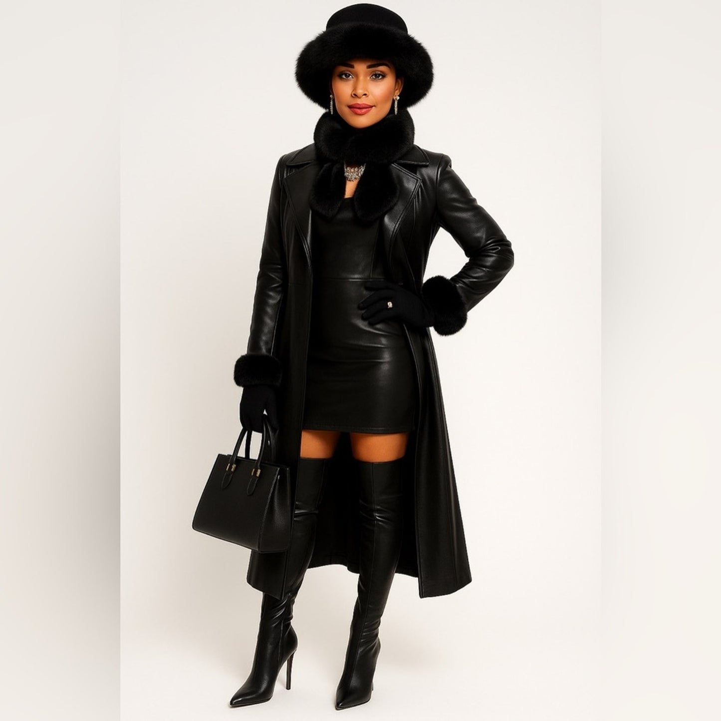 Woman in a black outfit with coat, skirt, boots, and hat on a white background