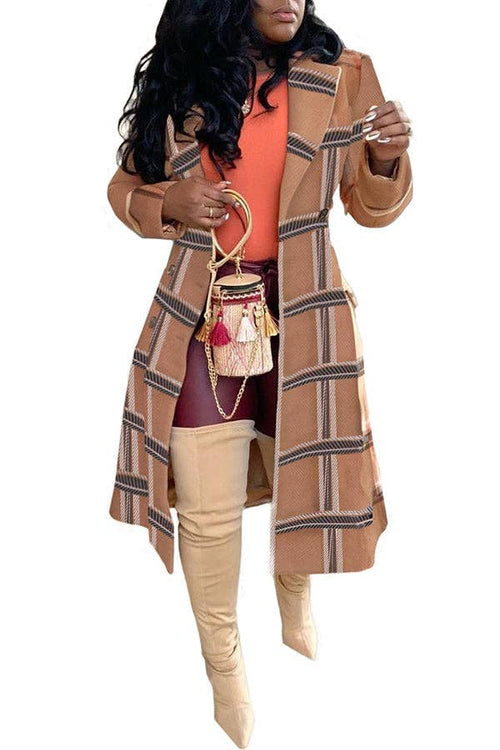 Maxi Elegant Plaid Print Long Sleeve Pocket Lightweight Jacket