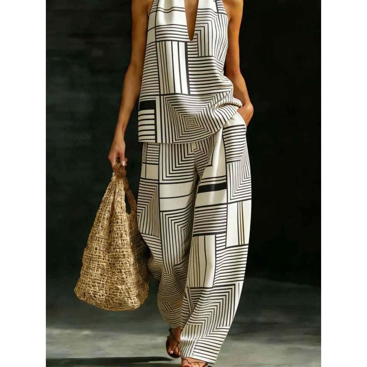 Black & Cream Geometric 2-Piece Set – Halter V-Neck Top + Wide-Leg Pants Chic
