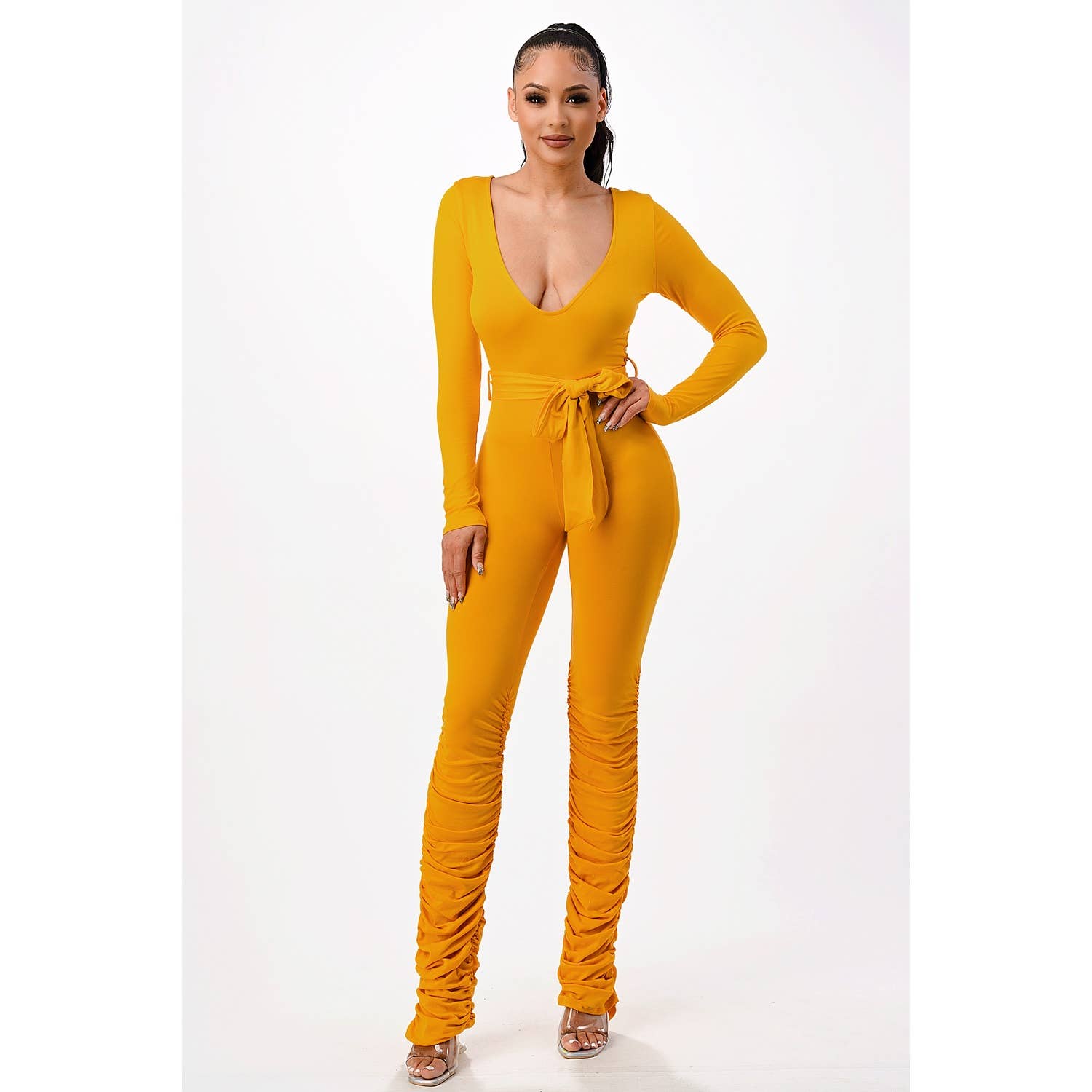 Ruched V-Neck Jumpsuit with Tie Waist