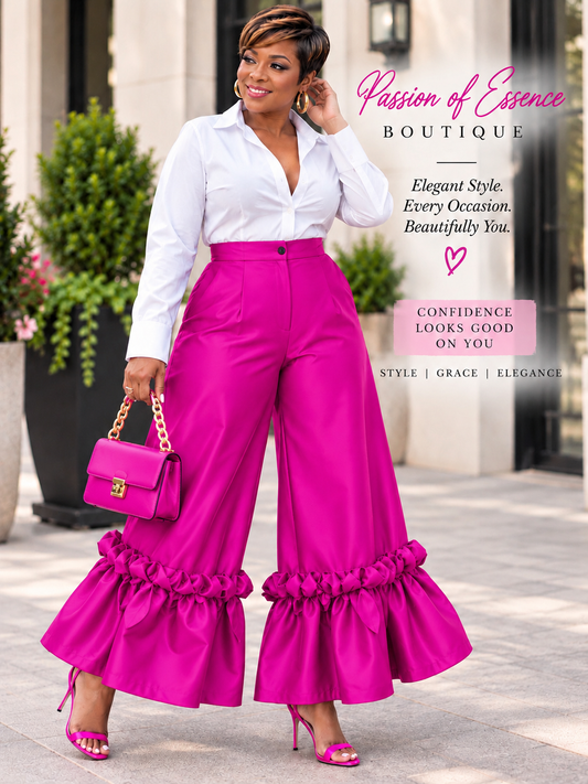 A woman models bright fuchsia wide-leg ruffled pants paired with a white button-down shirt, holding a matching fuchsia handbag. The image features promotional text overlays for 'Passion of Essence Boutique' on a blurred outdoor street background.