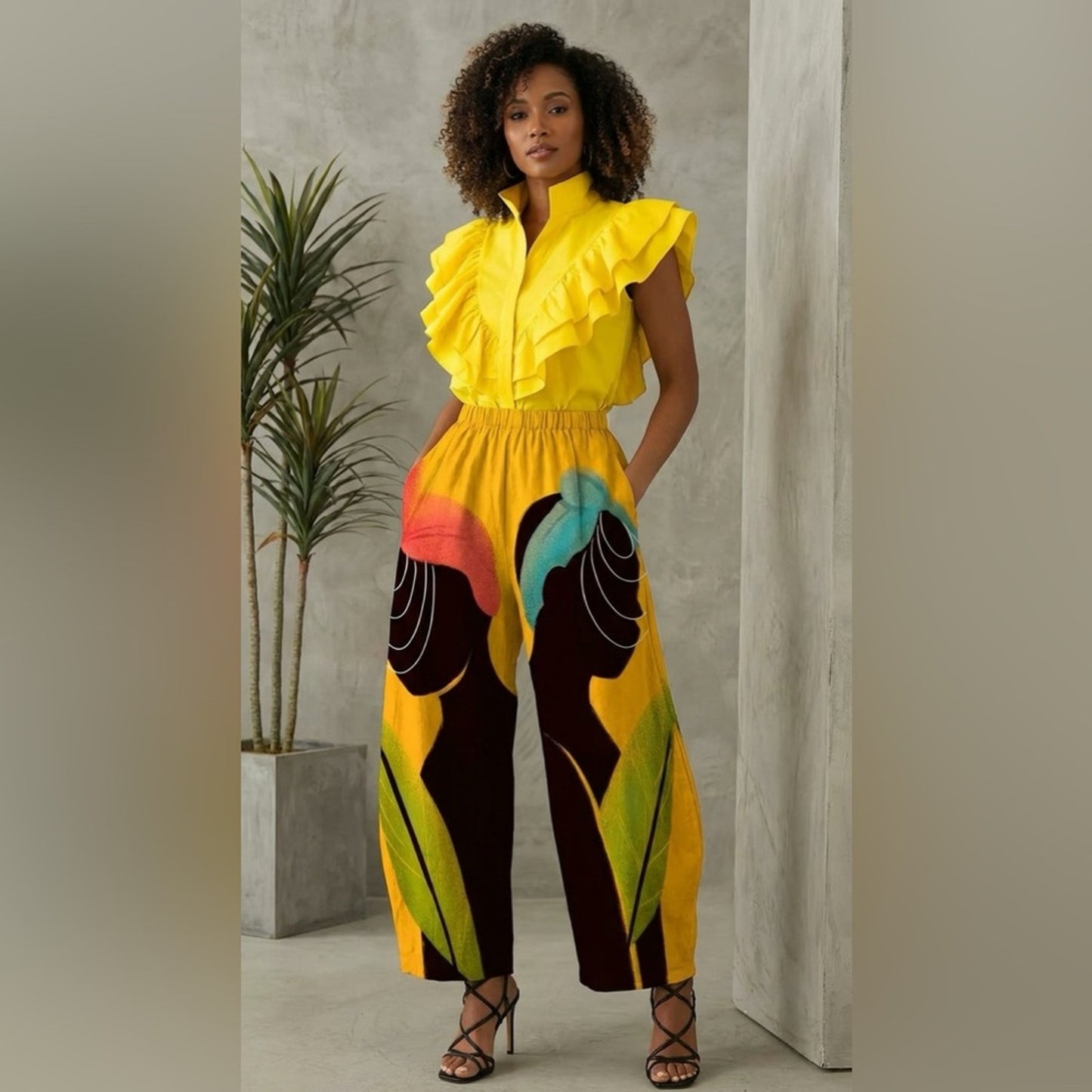 Woman wearing a colorful outfit with a yellow top and patterned pants in an indoor setting.