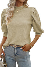 Load image into Gallery viewer, Taupe Textured Ruched Puff Sleeve Mock Neck Top
