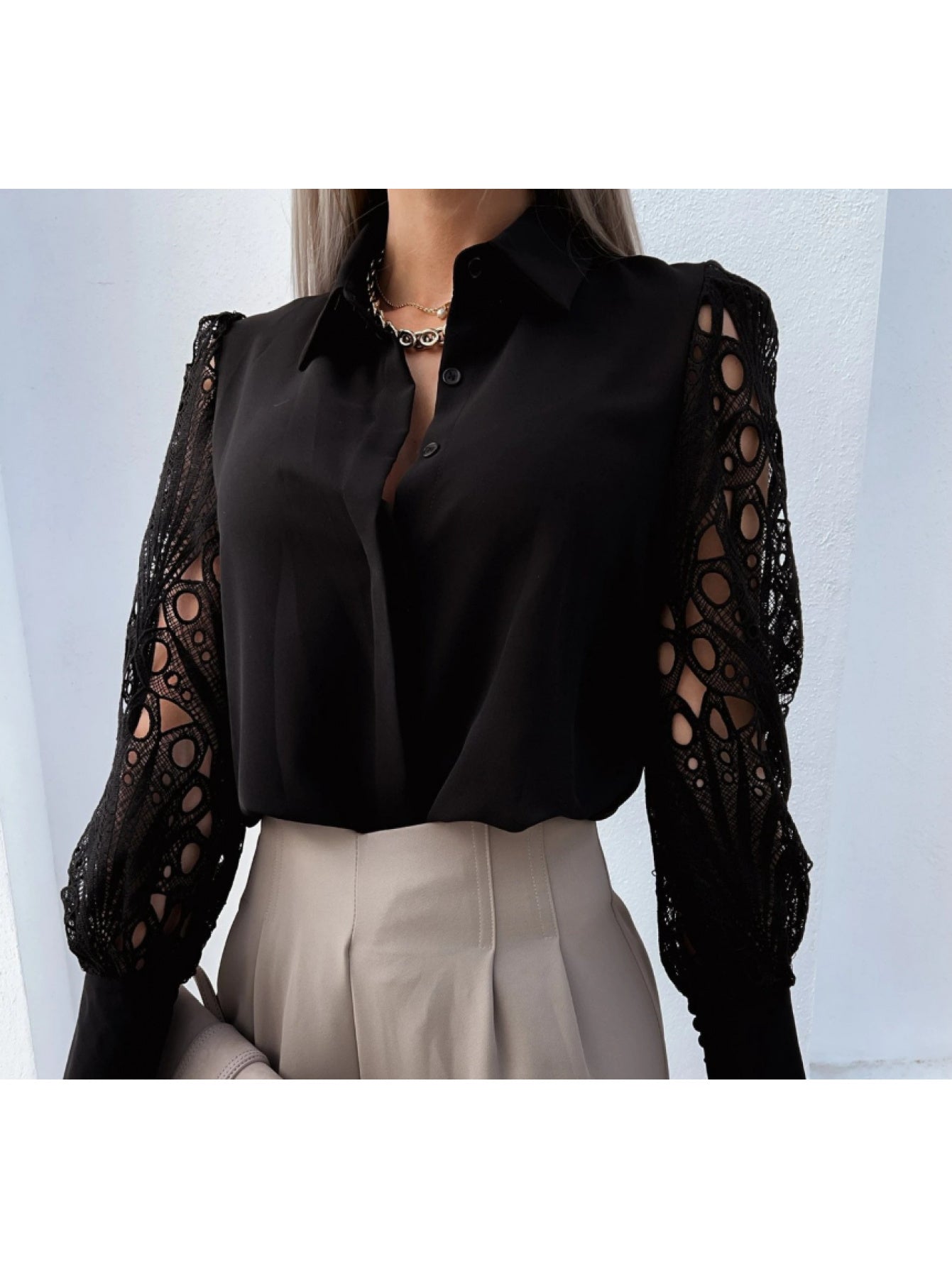 Elegant Lace Sleeve Blouse | Black Semi-Sheer Long Sleeve