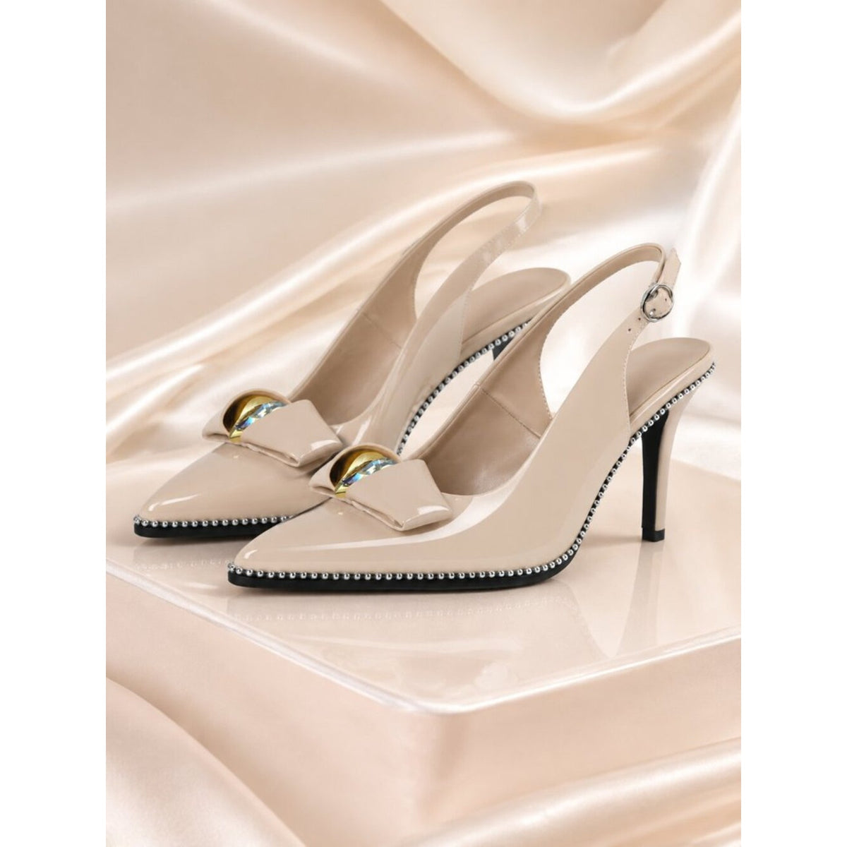 Patent Black Slingback Stiletto Pumps | Pointed Toe Jewel Heel