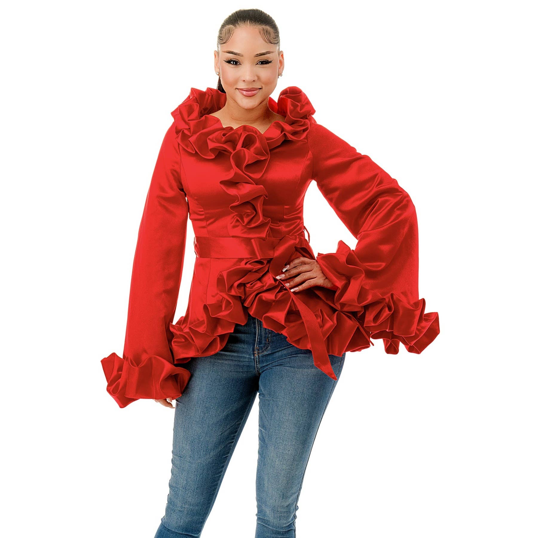 PLUS WIDE ROUND NECK RUFFLE JACKET