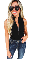 Load image into Gallery viewer, Black Zip Up Mock Neck Ribbed Sleeveless Bodysuit
