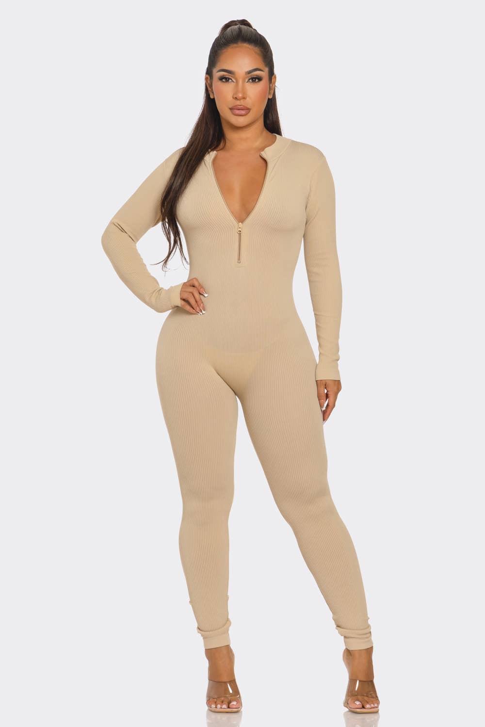 Ribbed Half Zip Long Sleeve Bodycon Jumpsuit