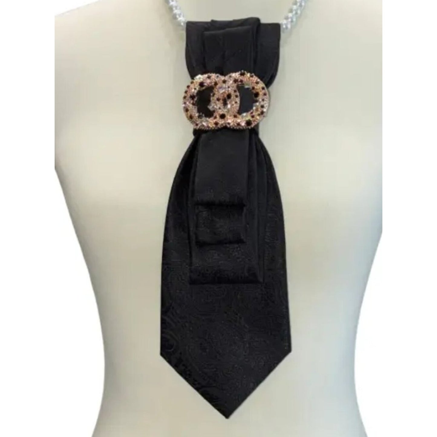 Black Paisley Necktie Necklace with Pearl Collar & Crystal Designer-Inspired Bro
