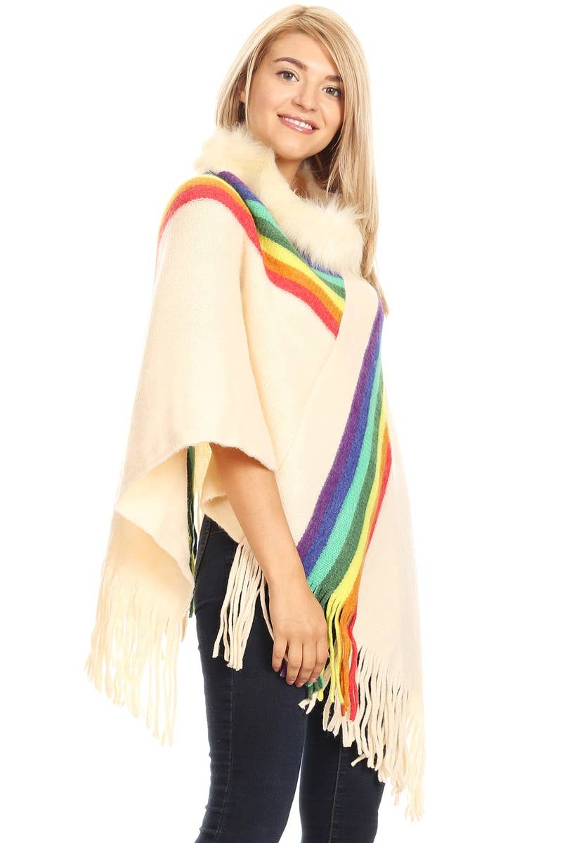 KNIT STRIPES WITH FUR TRIM PONCHO