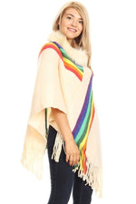 Load image into Gallery viewer, KNIT STRIPES WITH FUR TRIM PONCHO
