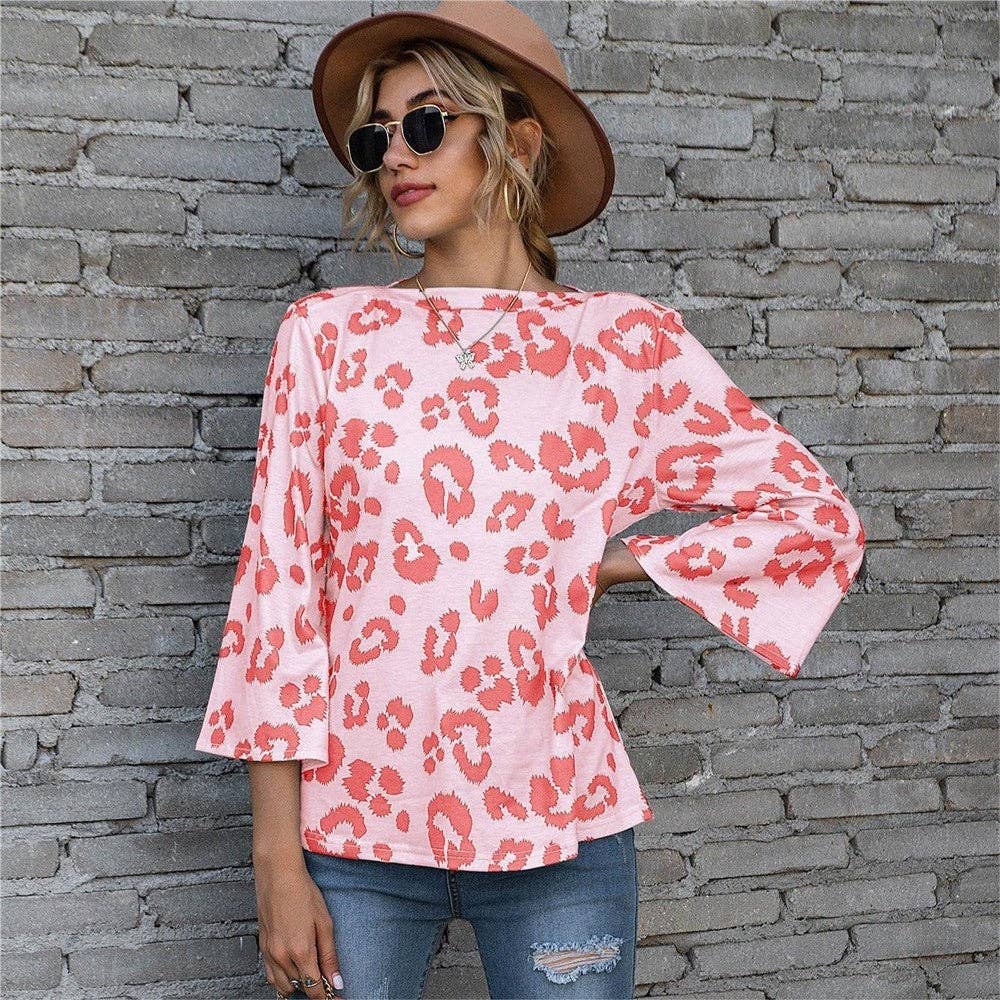 Casual Leopard Print Puff Sleeve Loose T-Shirt