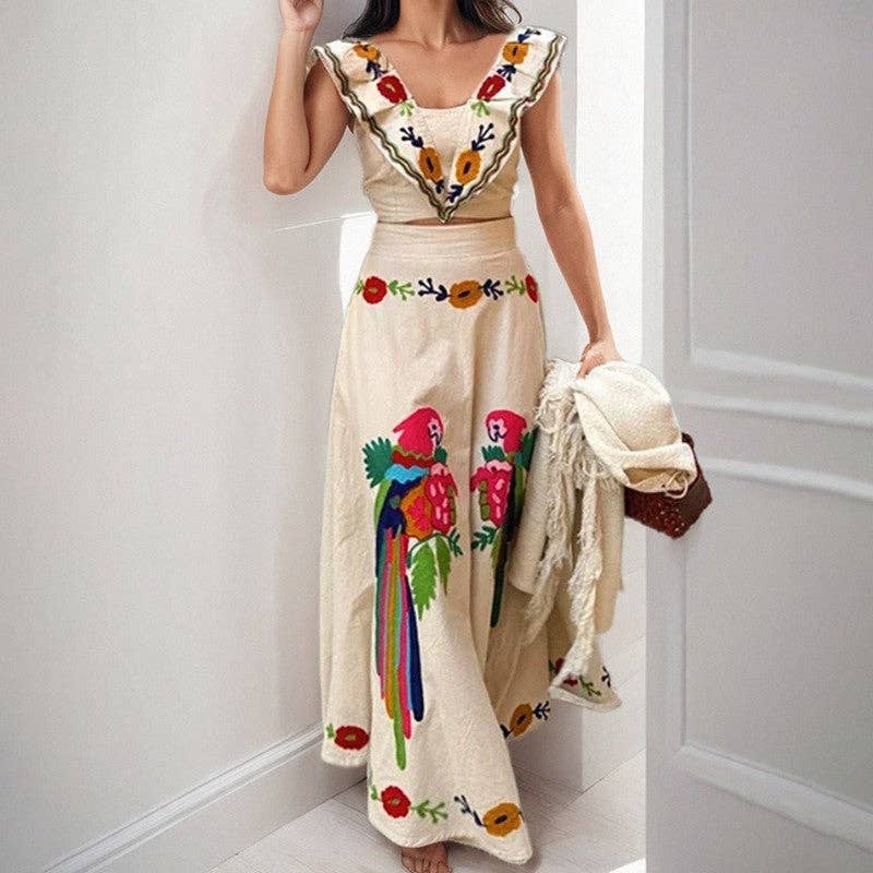 Sleeveless Floral Print Two-Piece Set - Ruffle Crop Top & Maxi Skirt