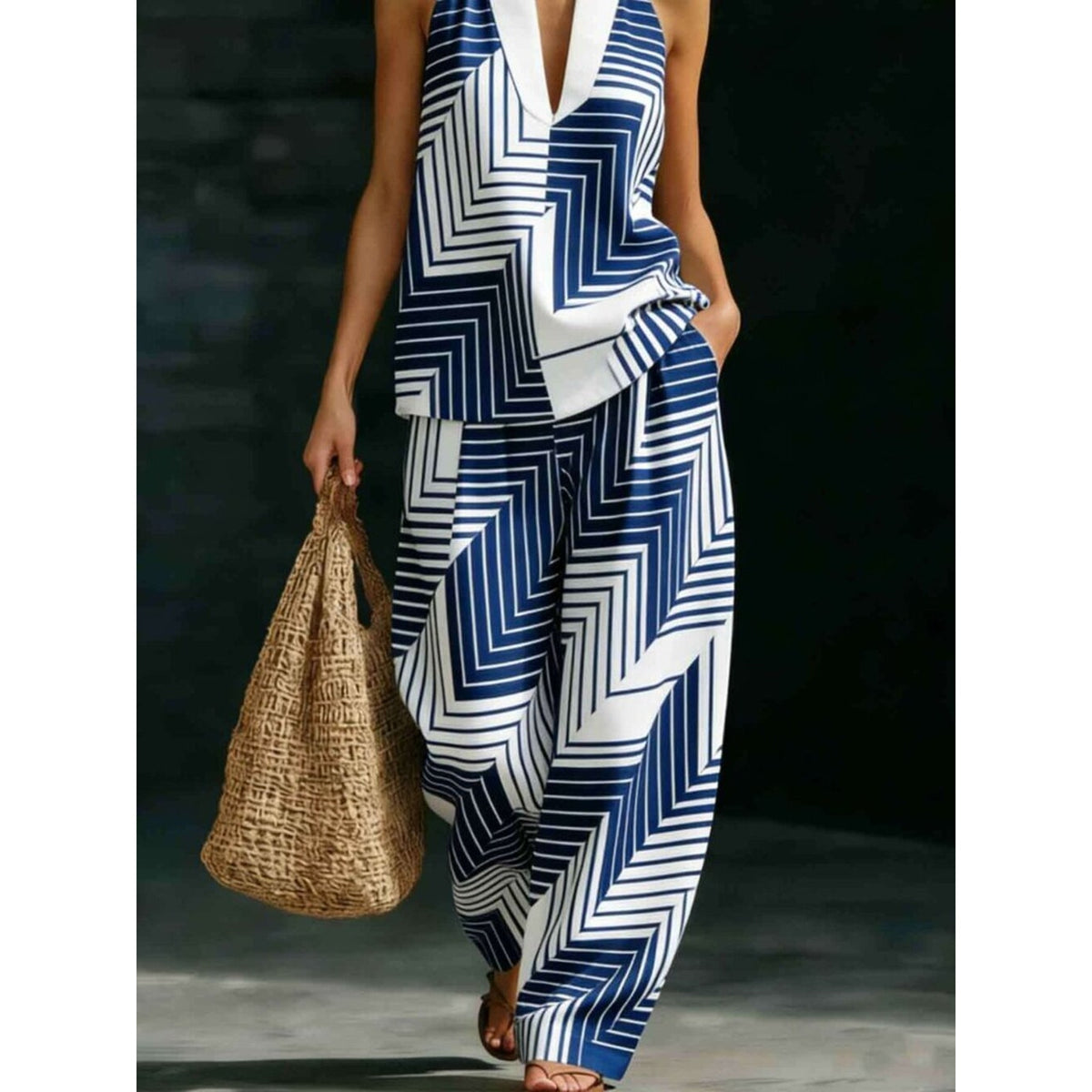 Blue & White Geometric 2-Piece Set Halter V-Neck Top  Wide-Leg Pants Chic Resort