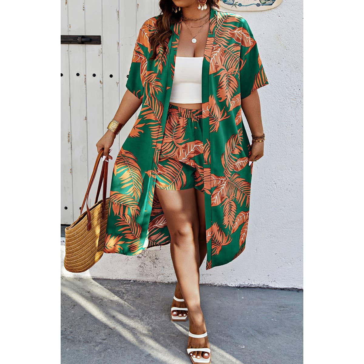 Plus Size Leaf Print Pockets Elastic Waist Shorts Set