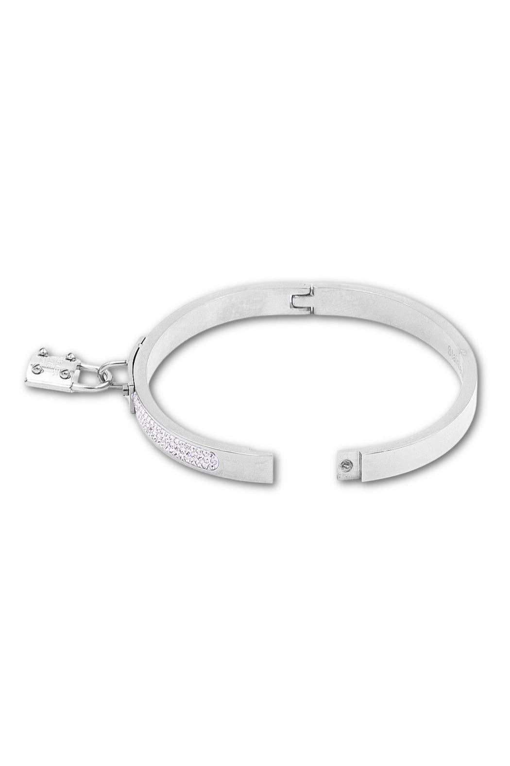 Silver bracelet with a clasp on a white background
