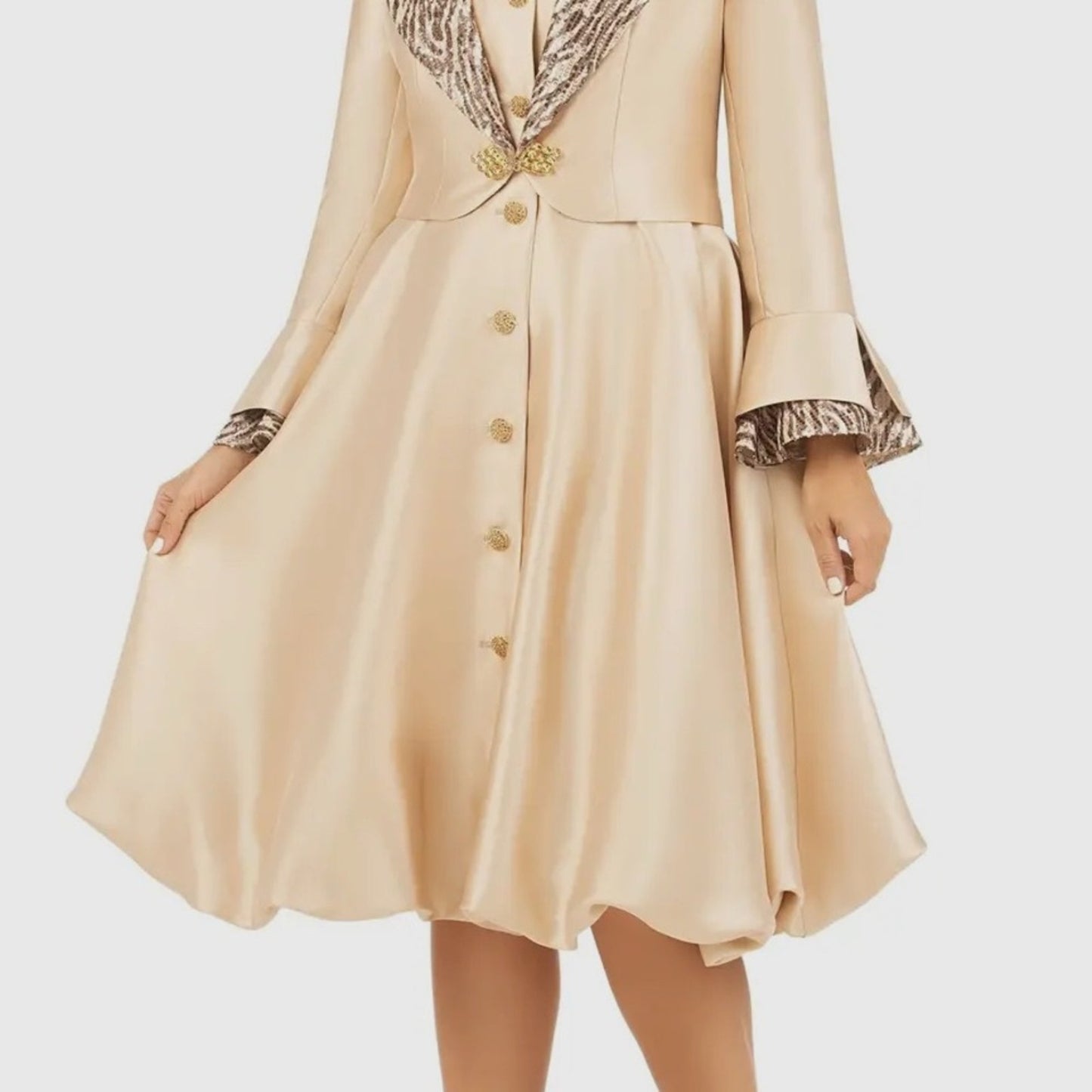 Giovanna Champagne A-Line 2pc Collar Coat Dress with Embellished Bell Sleeves