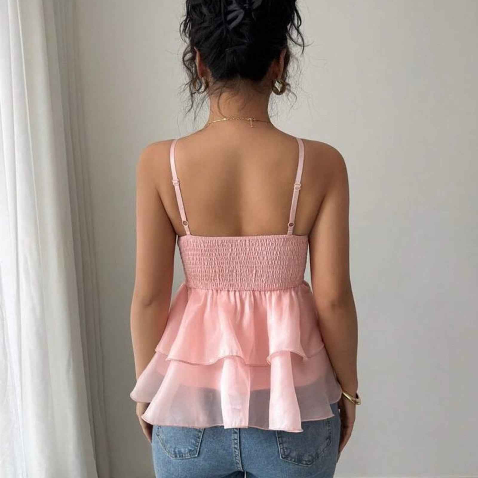 White and Pink Ruffled Tiered Camisole
