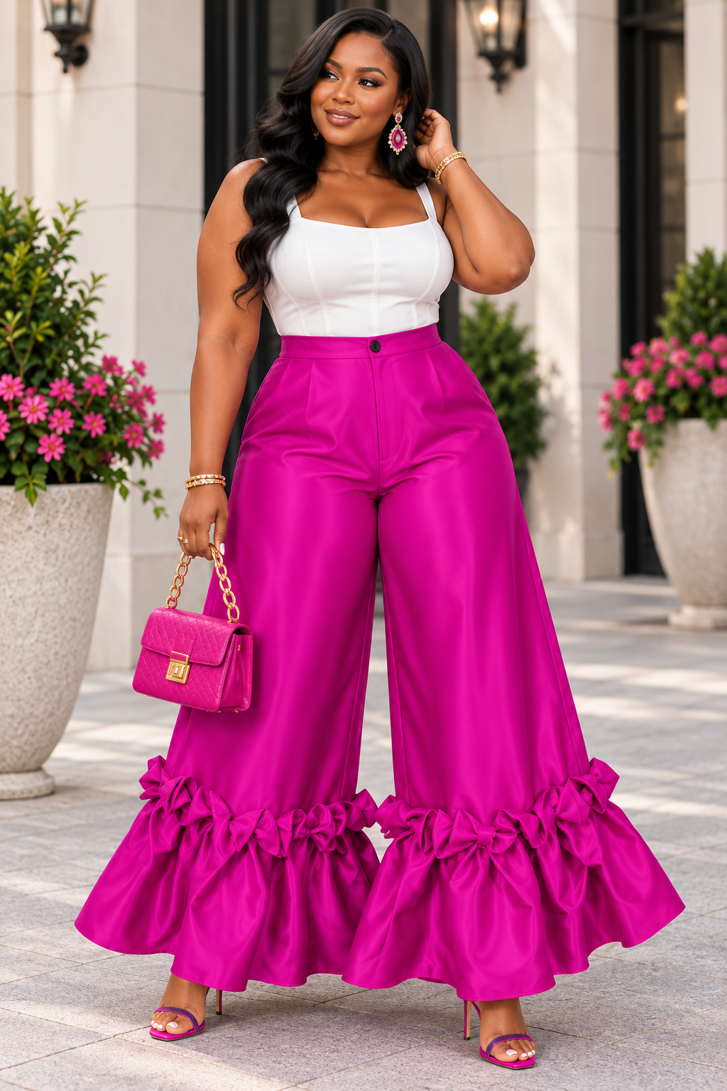 Plus Size Fuchsia High-Waist Wide-Leg Statement Ruffle Pants 1X–3X