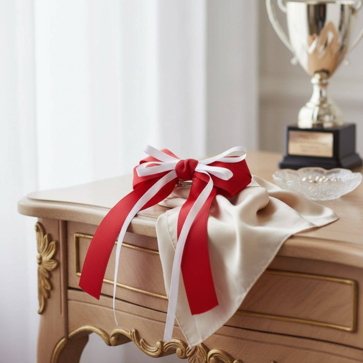 Decorative table with a red and white bow and a trophy in the background