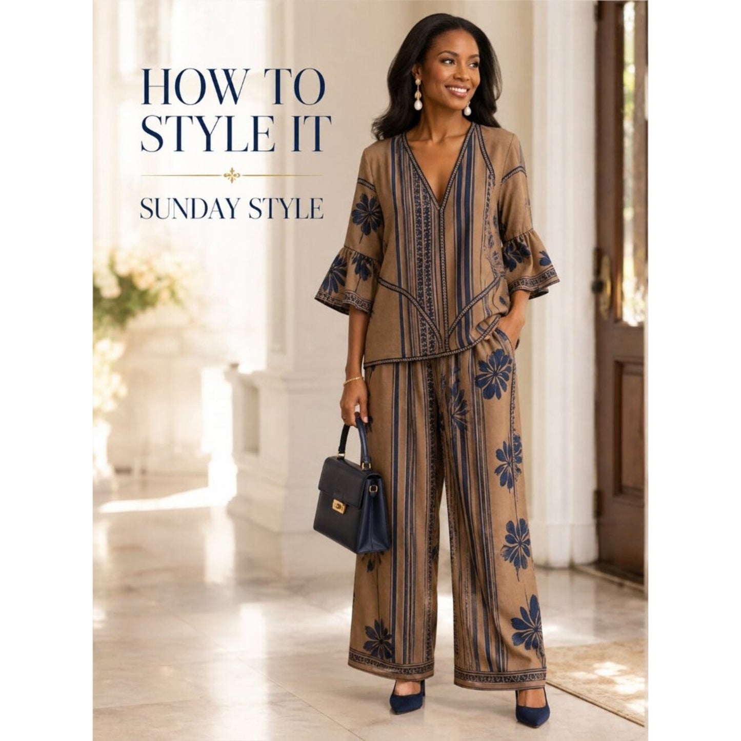 Boho Floral Stripe Bell Sleeve Wide Leg 2-Piece Pantsuit