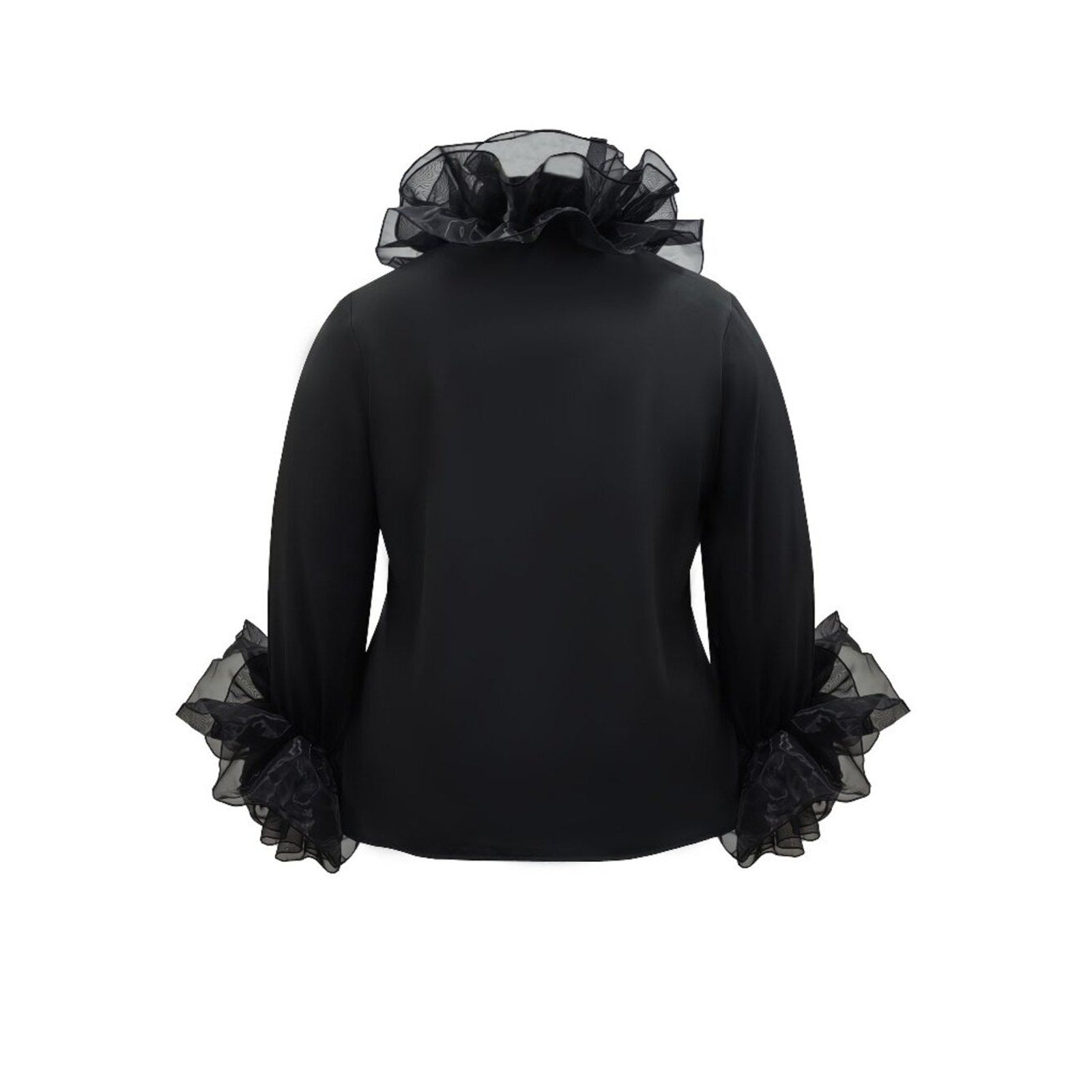Black blouse with sheer ruffled details on sleeves and neckline against a white background