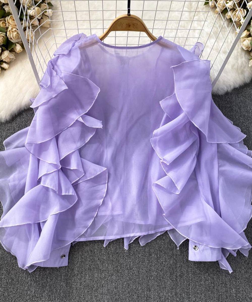 Ruffled Long Sleeve Round Neck Blouse