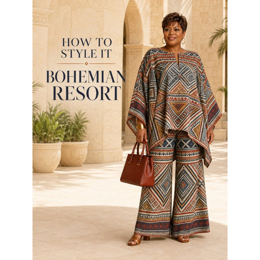 Boho Geometric Poncho Top Wide-Leg Pants 2-Piece Set XXL