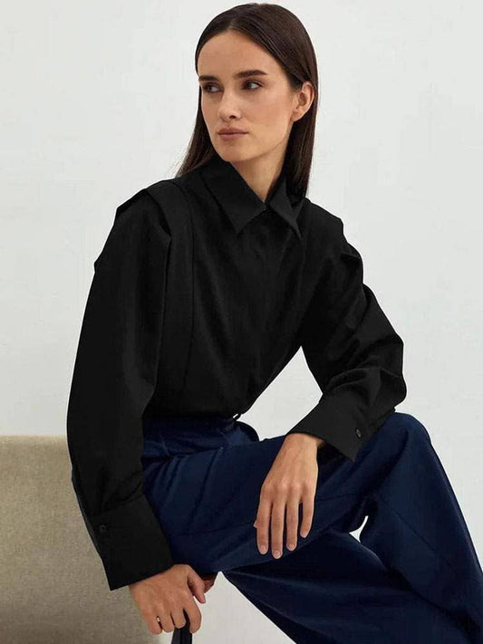 Polyester turndown collar casual long sleeves tops