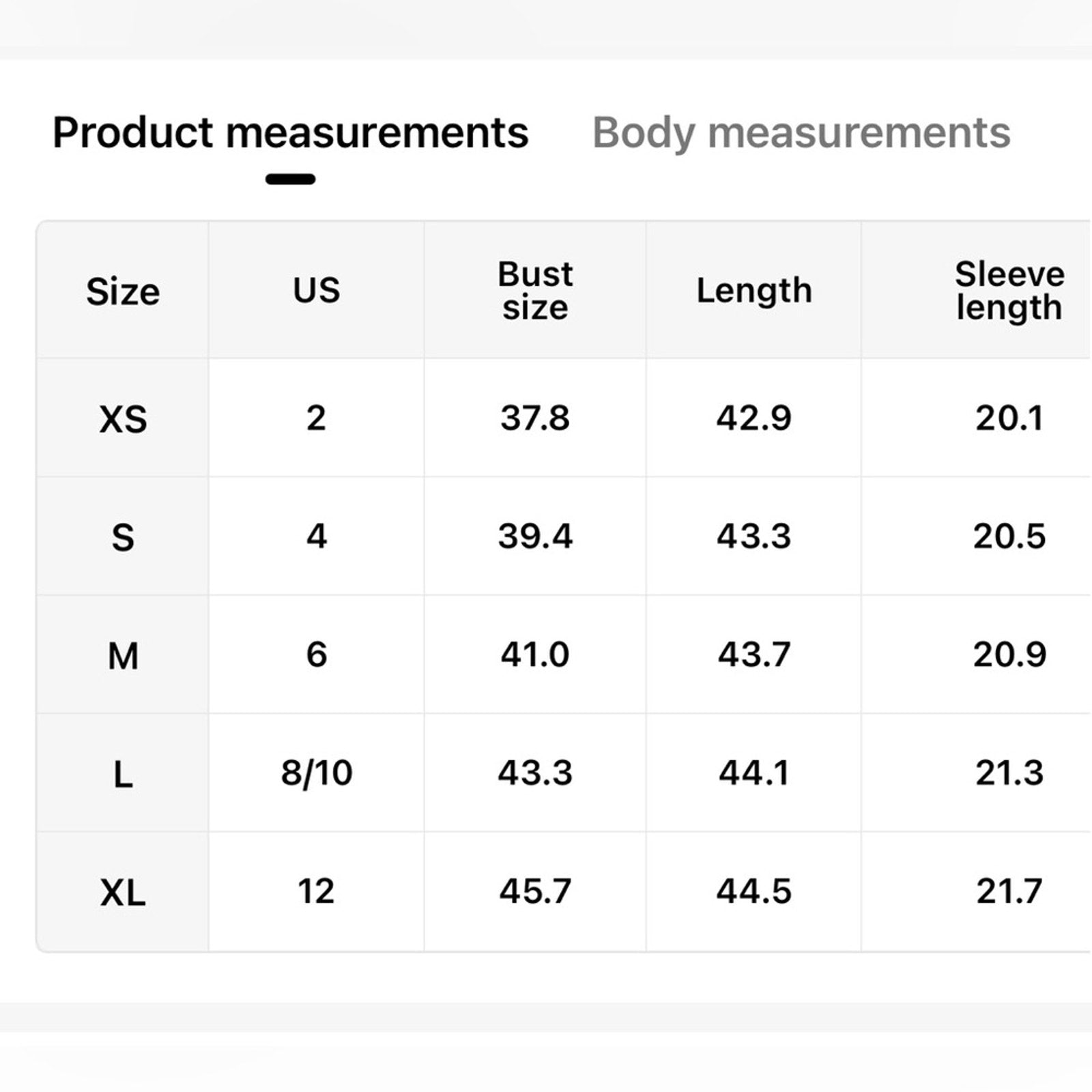 Table of product measurements including size, bust size, length, and sleeve length.