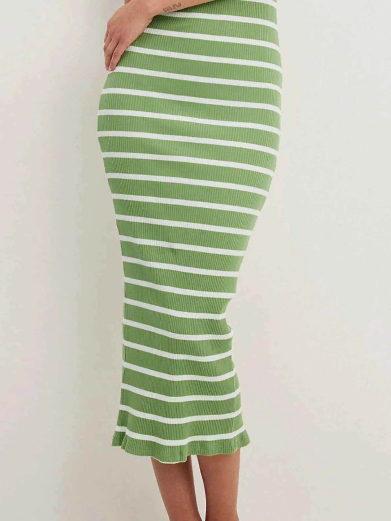 Slit Back Striped Strapless Bodycon Midi Dress