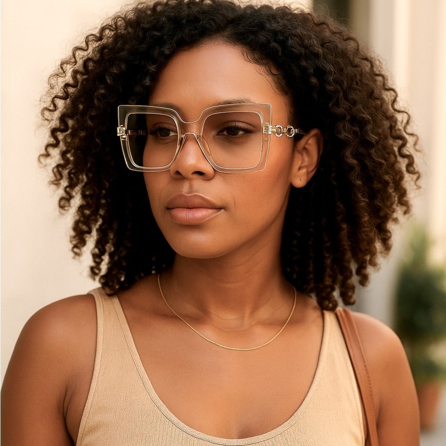 Luxury Gold Chain-Link Oversized Square Sunglasses – Clear Frame Shades