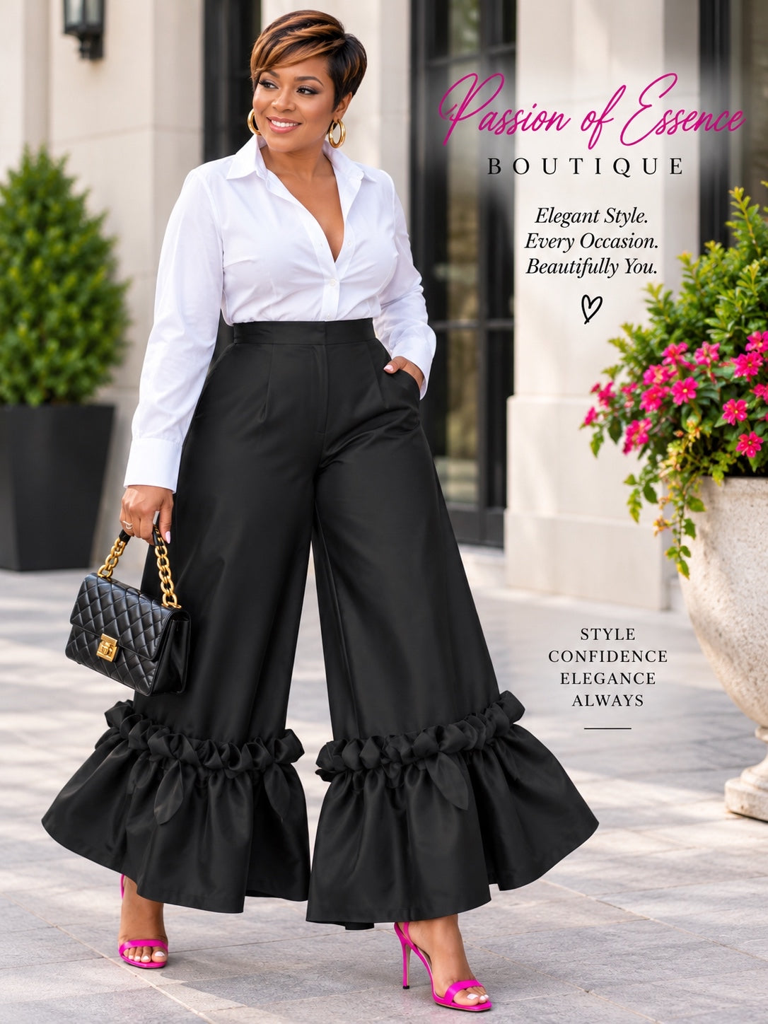 Plus Size Black High-Waist Wide-Leg Statement Ruffle Pants 1X–3X