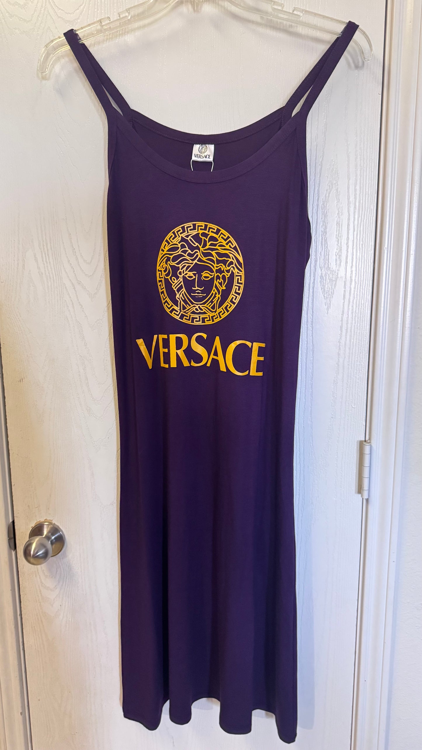 Purple Designer-Inspired Medusa Logo Midi Dress – Effortless Luxe Style